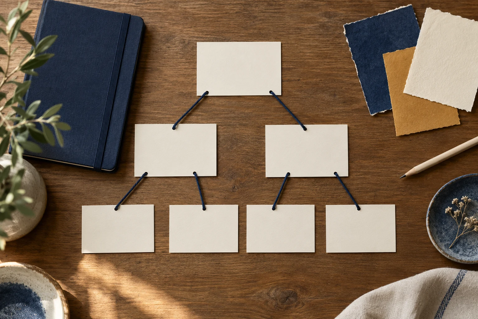 Blank cards connected by blue cord beside a navy notebook; a fictional editorial illustration.