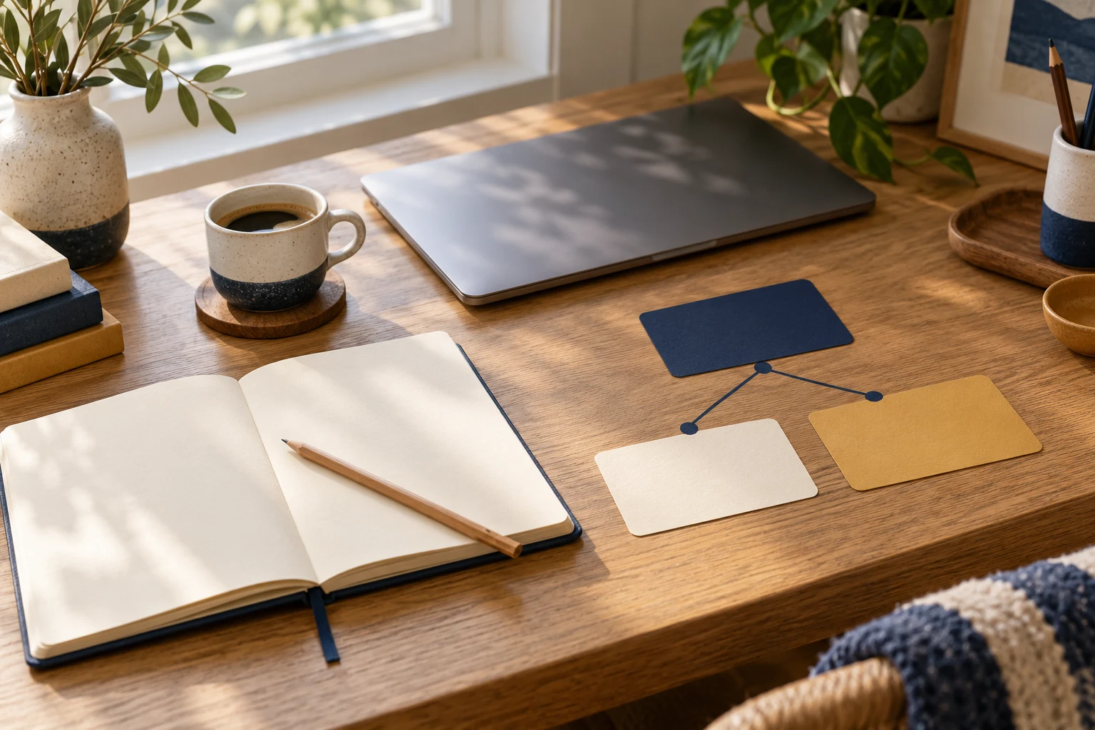 A blank notebook and linked planning cards beside a closed laptop on a sunlit desk; a fictional illustration.